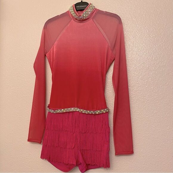 WEISSMAN Dance Costume hot pink fringe velvet mesh sleeve All The Ways 13290 SA - Picture 2 of 12